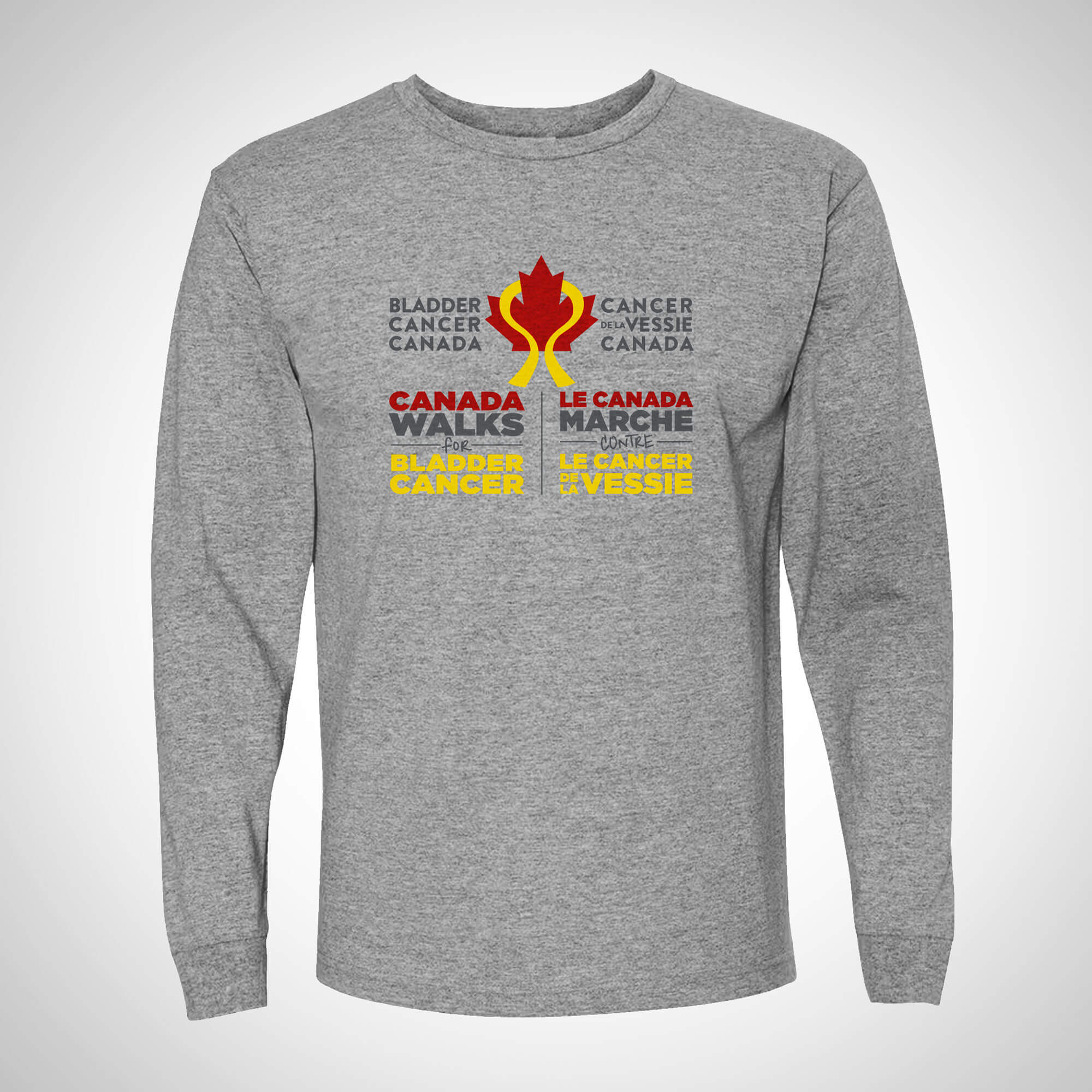 Heather grey long sleeve Bladder Cancer Canada shirt with Canada Walks for Bladder Cancer logo and red maple leaf on sleeve, perfect for fundraising and awareness events.