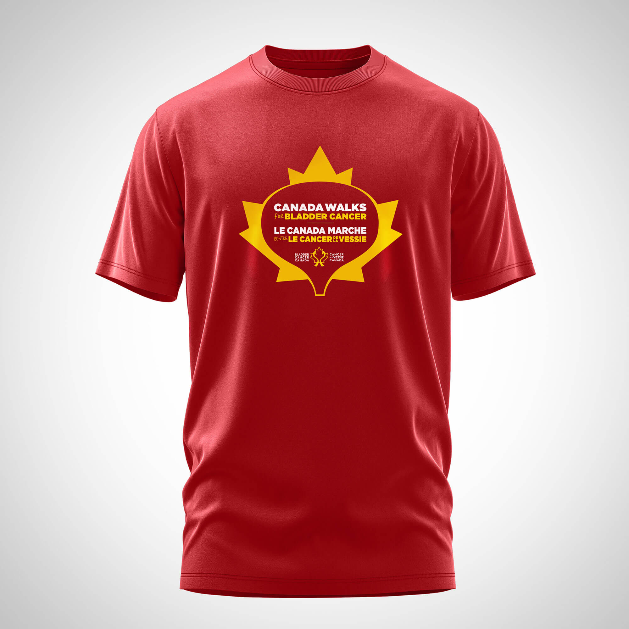 Red cotton Bladder Cancer Canada T-shirt featuring the Canada Walks for Bladder Cancer bilingual logo, designed for awareness and fundraising events.